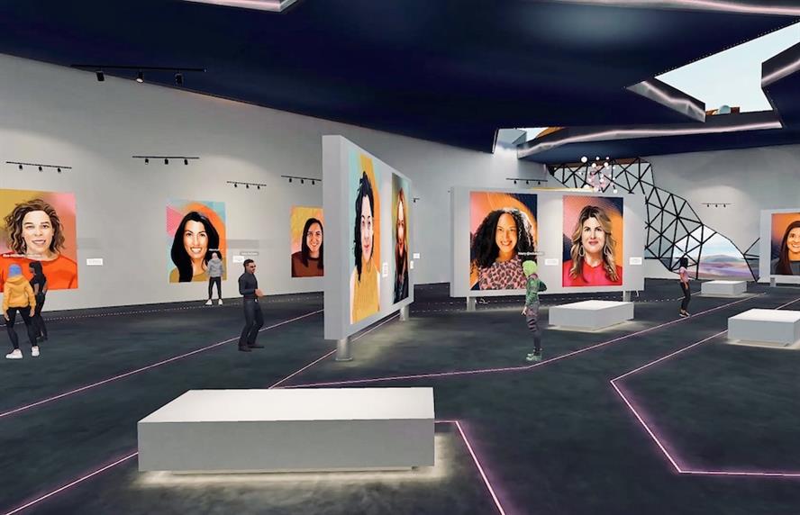Metaverse virtual reality art gallery environment with NFT portraits of women on the walls