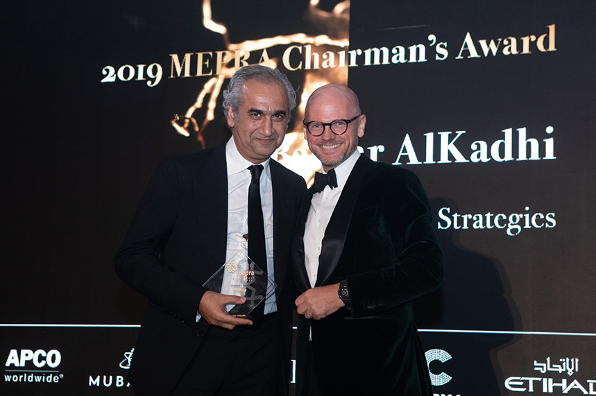 H+K Strategies CEO Bashar AlKadhi (left) collects the 2019 Chairman’s award from Jonty Summers for his outstanding contribution to the industry