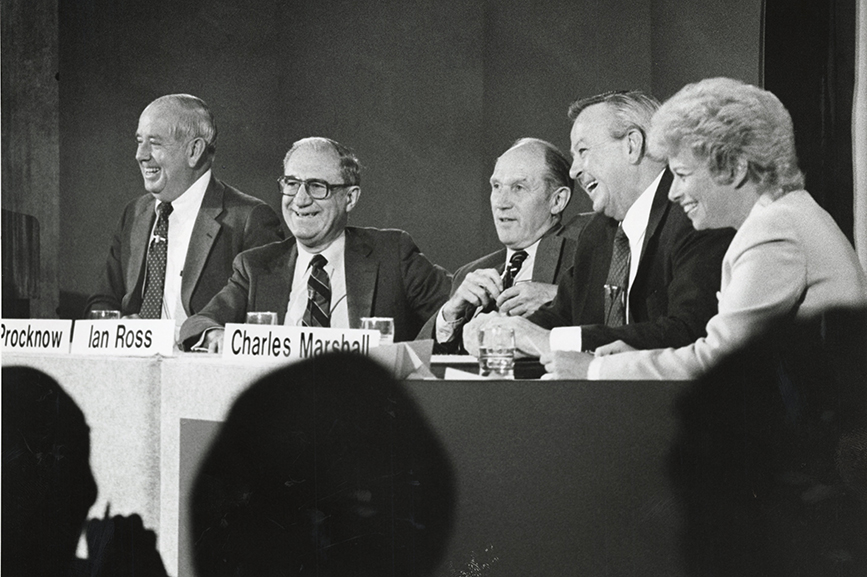 From left: Jim Olson, then AT&T Technologies vice chair, CEO; Don Procknow, AT&T Technologies vice chair; Bell Labs president Ian Ross; Chuck Marshall, AT&T vice chair and AT&T Information Systems chair; Marilyn, then AT&T Technologies VP of PR.