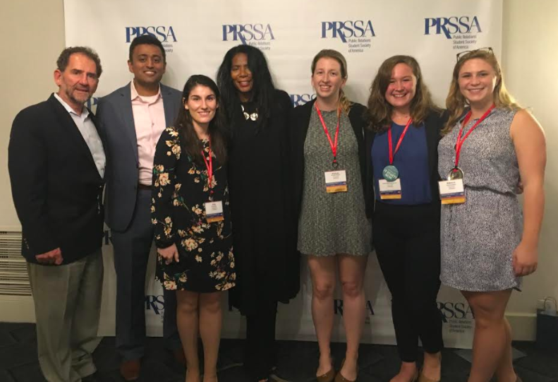 (l-r) BU professors Steve Quigley and Justin Joseph; BU student and PRSSA 2017 National Conference chair Carly Gibson; speaker Judy Smith; BU students and conference committee Amanda Howard, Rachel McLean, and Rebecca Stone