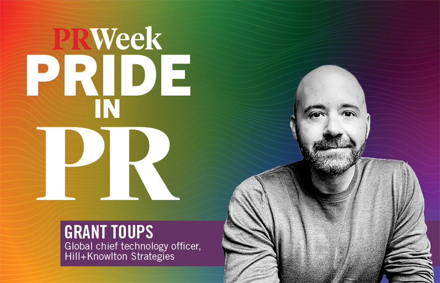 Pride in PR logo with headshot of Grant Toups
