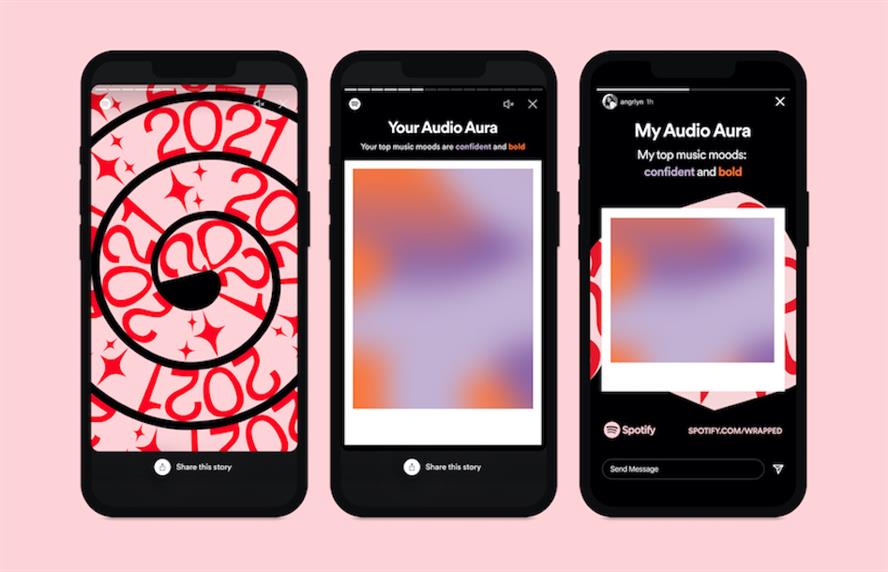 Three iPhones displaying Spotify's 2021 wrapped app.