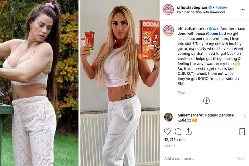 PRWeek counted three Katie Price Insta ads promoting weight loss product BoomBod