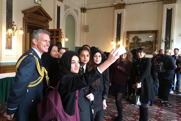 Air Chief Marshal Sir Stephen Hillier with a group of young people at an RAF event in Birmingham