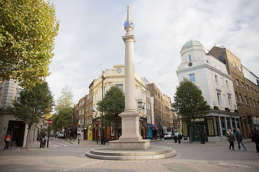 The Seven Dials junction in Covent Garden, London