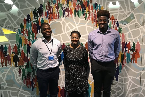 Three alumni of the BAME internship scheme who went on to work for TfL: (L-R) Joshua Burrell, Sylvia Mannah and Tuminu Onagoruwa
