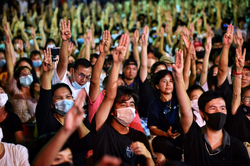 Protesters during a pro-democracy rally at Thammasat University in Bangkok (Getty Images)