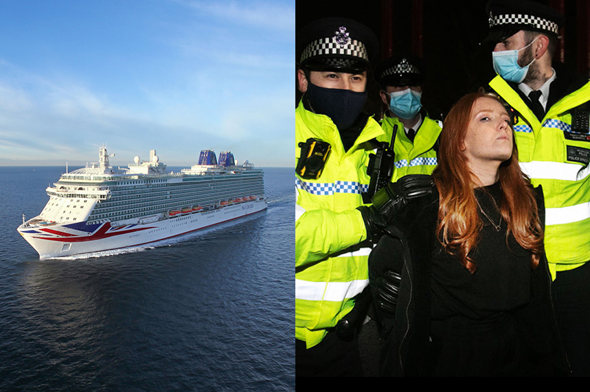 (Cruise ship photo via P&O website; Sarah Everard vigil photo ©GettyImages)