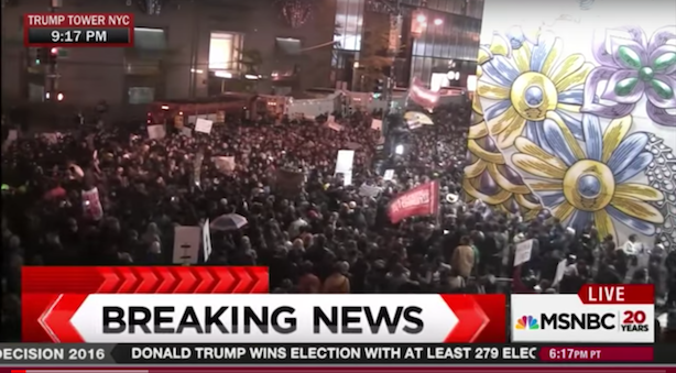Protests of Donald Trump's election began last night in major cities. (Screenshot via MSNBC's YouTube channel). 