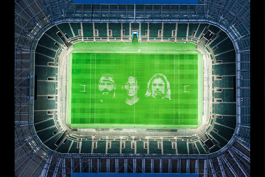 Giant images of rugby stars adorn the hallowed turf of Twickenham to mark the restart of the Gallagher Premiership