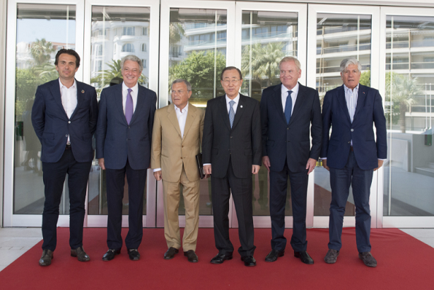 Ban Ki-moon with five of six holding firm bosses today (Dentsu's Tadashi Ishii could not attend)