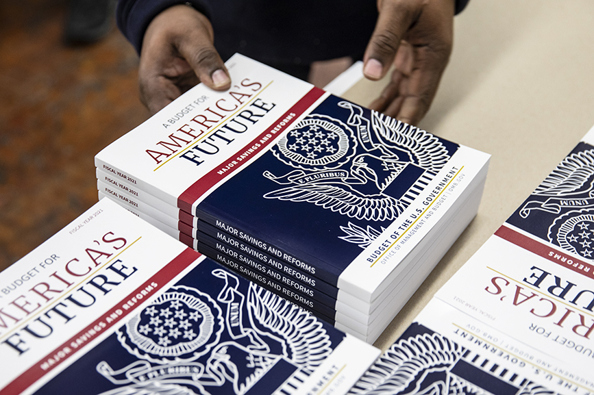 Copies of President Donald Trump's proposed budget for the U.S. Government for the 2021 Fiscal Year. Getty Images
