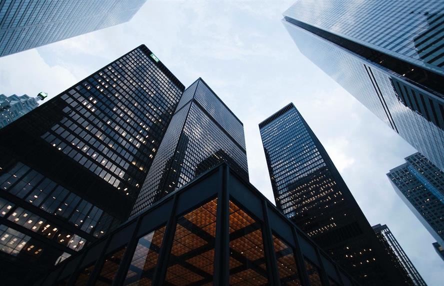 Street-level view of skyscrapers