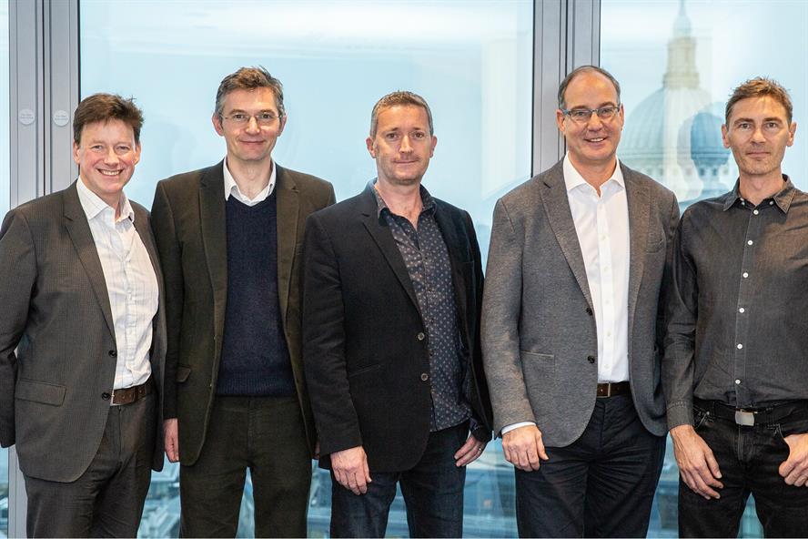 New deal: (left to right) Avenir Global’s Ralph Sutton with, from Cherry, director Richard Cowhig, creative director Phil Stockdale, MD John Goundry, and client services director Rupert Whitehead