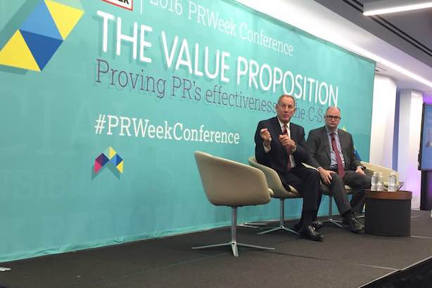 The Cleveland Clinic's Toby Cosgrove and PRWeek editor-in-chief Steve Barrett at the PRWeek Conference in New York. (Photo credit: Alison Kanski). 