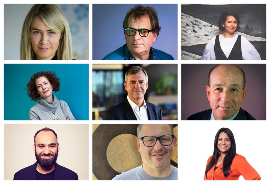 Clockwise from top left: Sarah Scholefield, Mark Borkowski, Nik Govier, Andrew Grant, Tinni Guha Roy, Jon Lonsdale, Tom Hashemi and Kirsty Leighton, with Charles Lewington centre