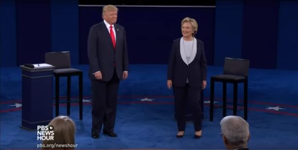 The second debate between Donald Trump and Hillary Clinton. (Screenshot via PBS NewsHour's YouTube page). 