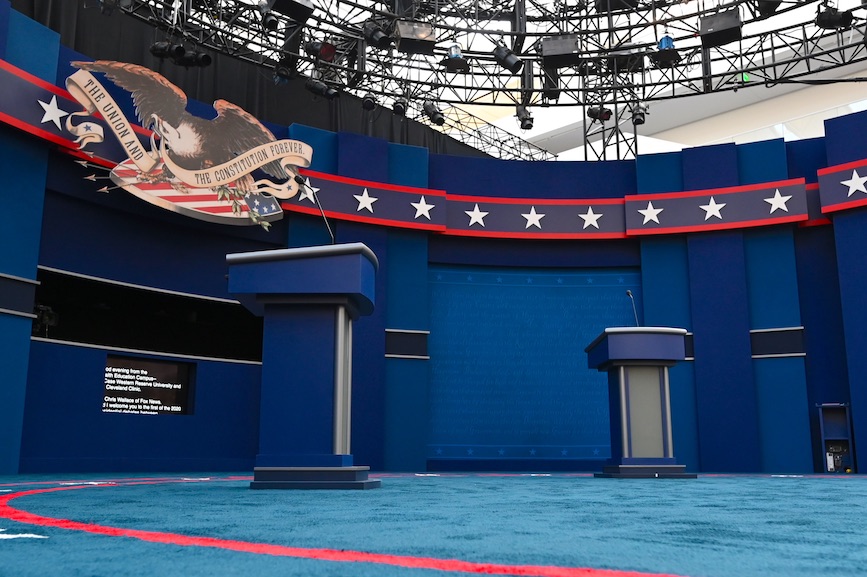 The stage is set for Tuesday night's presidential debate in Cleveland. (Photo credit: Getty Images)