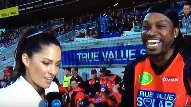Mel McLaughlin's now infamous interview with Chris Gayle (screen grab, source Channel 10)