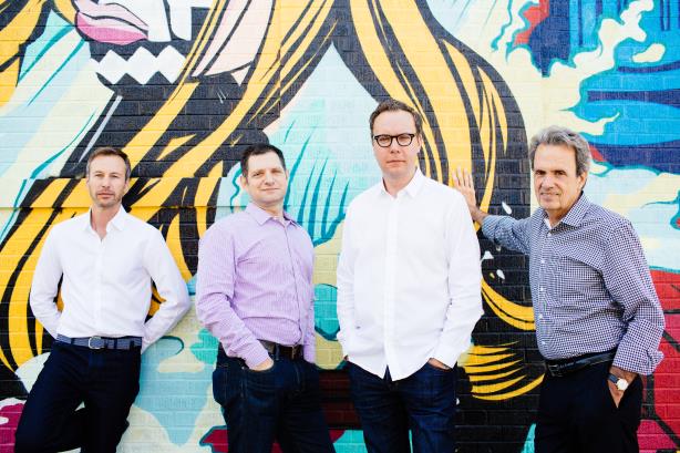 Incoming Golin CEO+s Jonathan Hughes, Gary Rudnick, and Matt Neale, and chair Fred Cook.