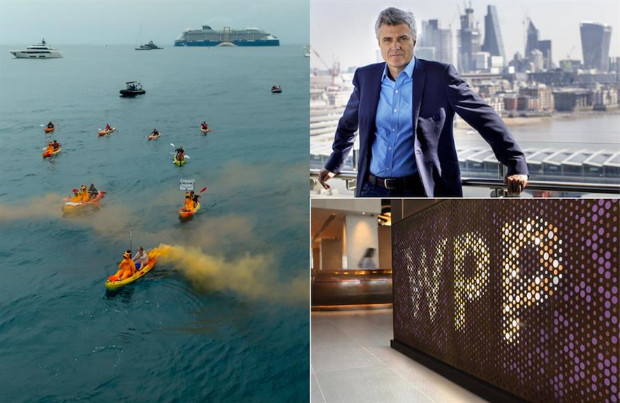 A collage of Greenpeace protesters, WPP CEO Mark Read and the WPP logo