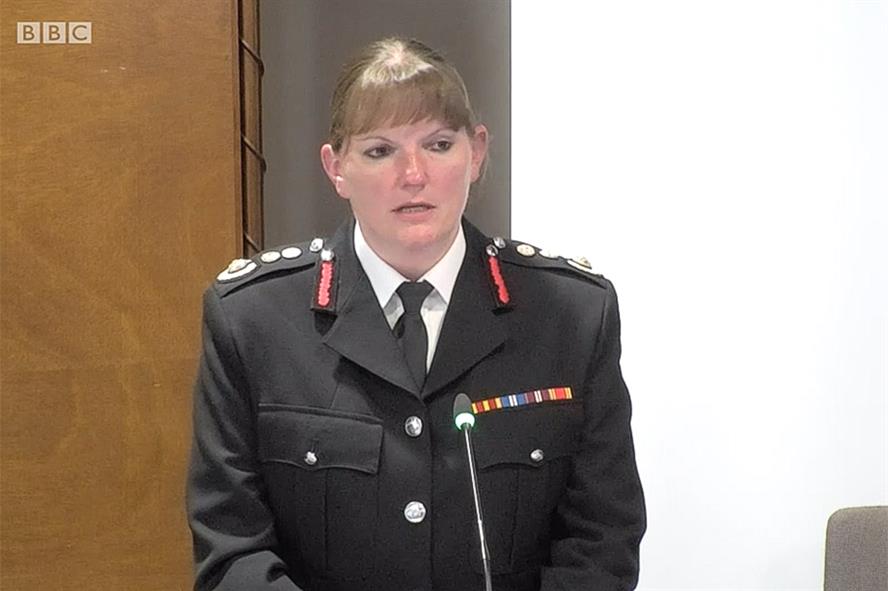 Dany Cotton, Commissioner, London Fire Brigade, giving evidence to the Grenfell Inquiry (Pic credit: BBC)