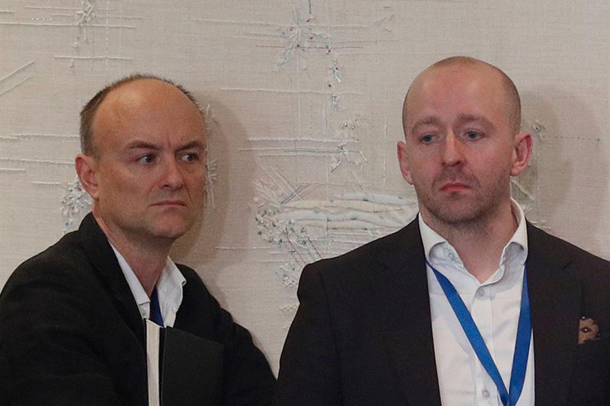 (L-R) Boris Johnson’s chief advisor Dominic Cummings, and director of comms Lee Cain at the PM's press conference at last month’s NATO summit (Pic credit: Adrian Dennis/POOL/AFP via Getty Images)