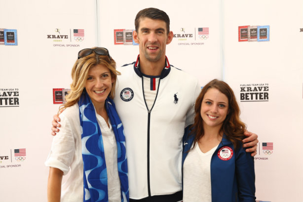Gault (l) with serial medallist Michael Phelps and Konnect senior account executive Claire Grady