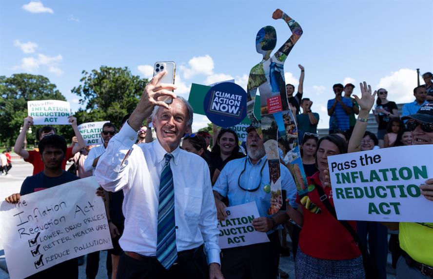 Massachusetts Senator Ed Markey with supporters of the Inflation Reduction Act outside the Capitol.