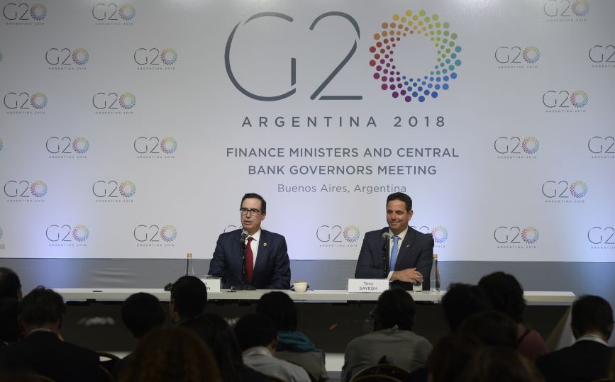 L-R: Treasury Secretary Steven Mnuchin with Sayegh at the G20 in March 2018. (Photo credit: Getty Images). 