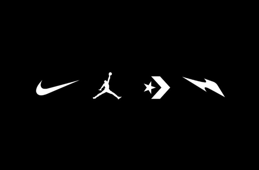 Nike swoosh, Air Jordan, Converse and RTFKT’s lightning bolt-style logo in white on a black background