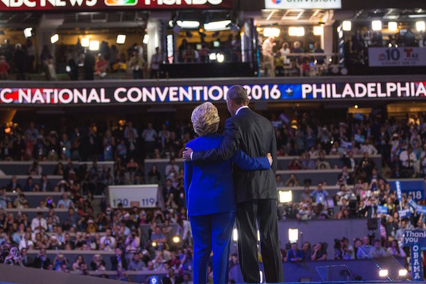 Obama and Clinton embrace after his speech to the Democratic National Convention in Philadelphia. (Image via the convention's Twitter account). 