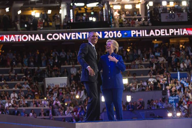 President Barack Obama and Hillary Clinton on stage at the Democratic National Convention on Wednesday night. (Image via the convention's Facebook page).