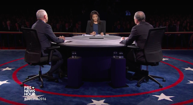 Mike Pence and Tim Kaine in Tuesday night's vice presidential debate. (Screenshot via PBS NewsHour's YouTube account).