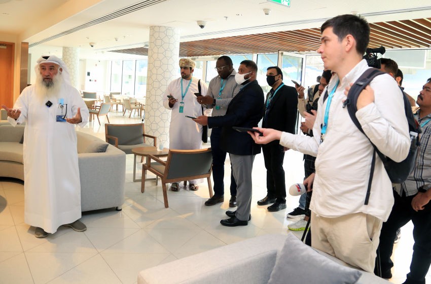 Dr Saud Abdul Ghani, the engineer behind the venue cooling technology of Qatar's Al-Janoub Stadium, speaks during a media tour on 4 July 2022 (photo credit: Sidhik Keerantakath/Eyepix Group/Future Publishing via Getty Images)