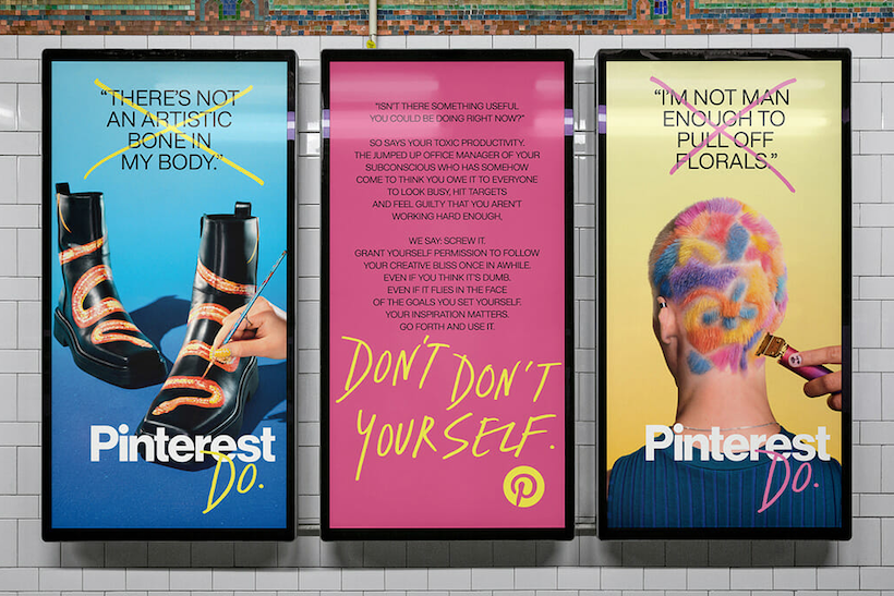 Three billboards with Pinterest ads highlighting dos and don'ts of social media use