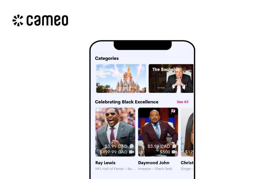   A phone showing Cameo's platform and the celebrities on it, such as Ray Lewis 