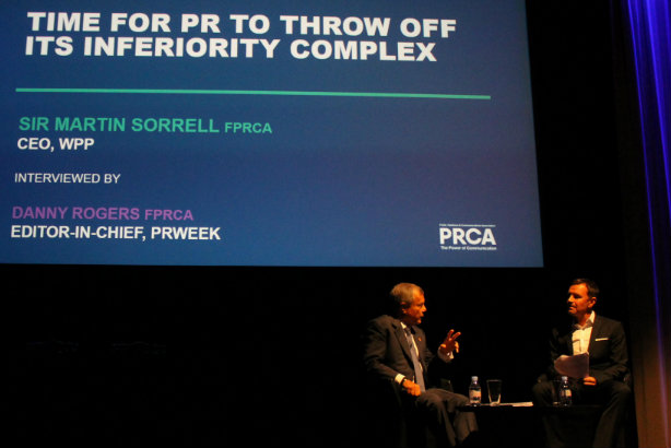 Sir Martin Sorrell is interviewed by Danny Rogers on the stage at the 2016 PRCA Conference
