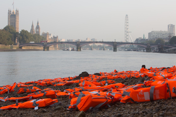 ActionAid UK and Islamic Relief put life jackets by the Thames, IRC put them by parliament (Credit: David Parry/PA Wire)