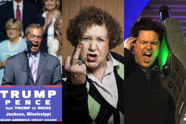 (Credits: Farage - AP Photo/Gerald Herbert, Swearing woman - Image Source/Alamy Stock Photo, Dom Joly - PA Archive/PA Images)
