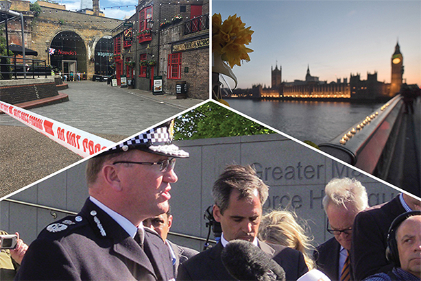 New guidelines set out how the police will work with the media during major incidents, such as Borough Market (above left) Westminster Bridge (above right) and Manchester (below) (Pic credits: Andy Hampson/Victoria Jones/PA Wire/PA Images and @Nahlah
