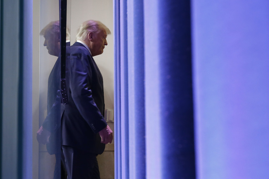 A despondent President Trump leaves the WH press room after claiming the election had been stolen from him. (Pic: Getty Images.) 
