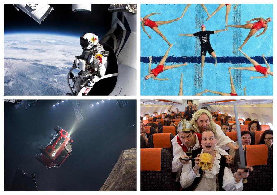 TVC campaigns for (clockwise from top left) Red Bull, British Gas SwimBritain, easyJet and Jaguar
