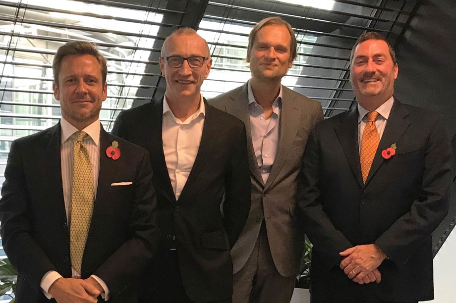 (L-R) Jason Sibthorpe, Principal and U.K. Managing Director, Avison Young; Gerry Hughes, CEO, GVA; Andreas Aschenbrenner, Partner at EQT Partners; Mark Rose, Chair and CEO, Avison Young