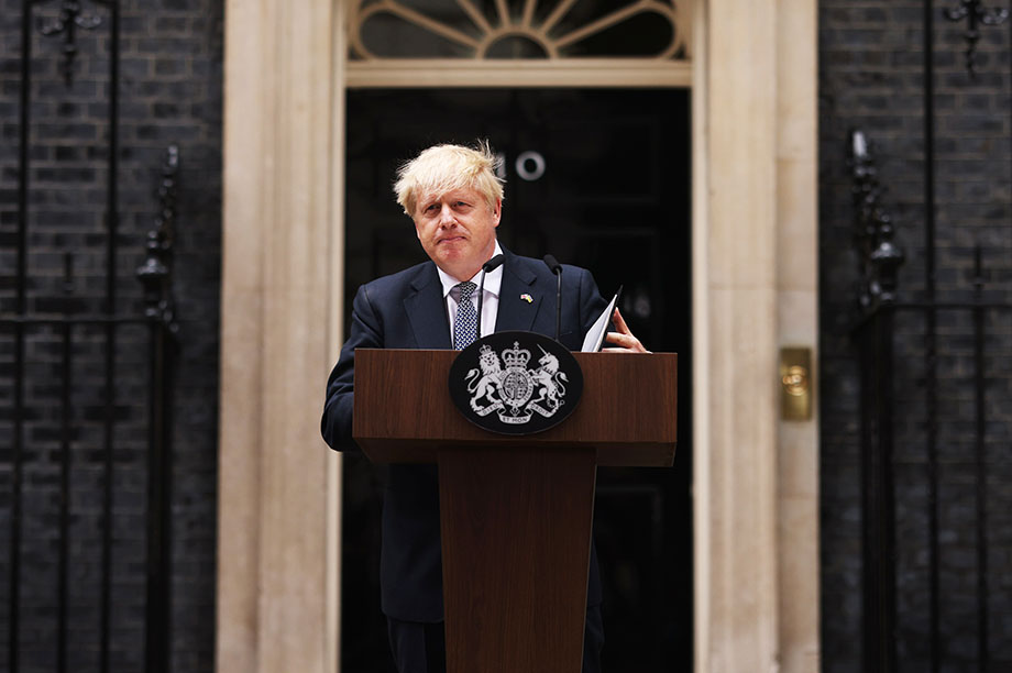 Boris Johnson's resignation speech on the steps of 10 Downing Street on 7 July (Credit: Dan Kitwood/Getty Images)