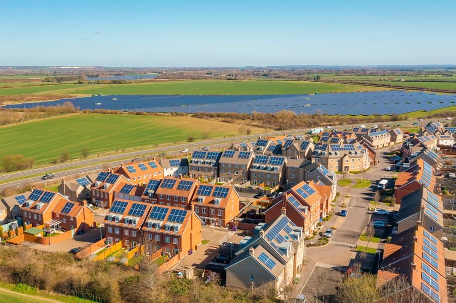 Solar energy panels on a new housing estate. Image: Getty