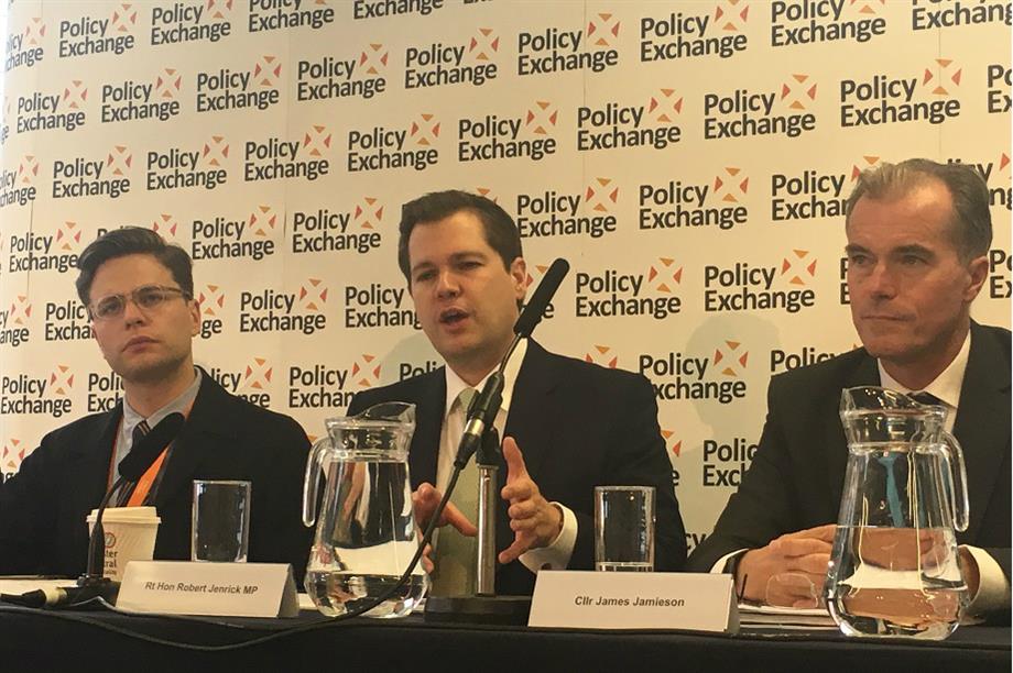 Housing secretary Robert Jenrick speaking at the Policy Exchange event this morning