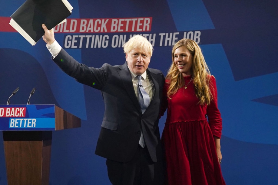 Boris and Carrie Johnson following his speech at the Conservative party conference. Pic: Getty Images