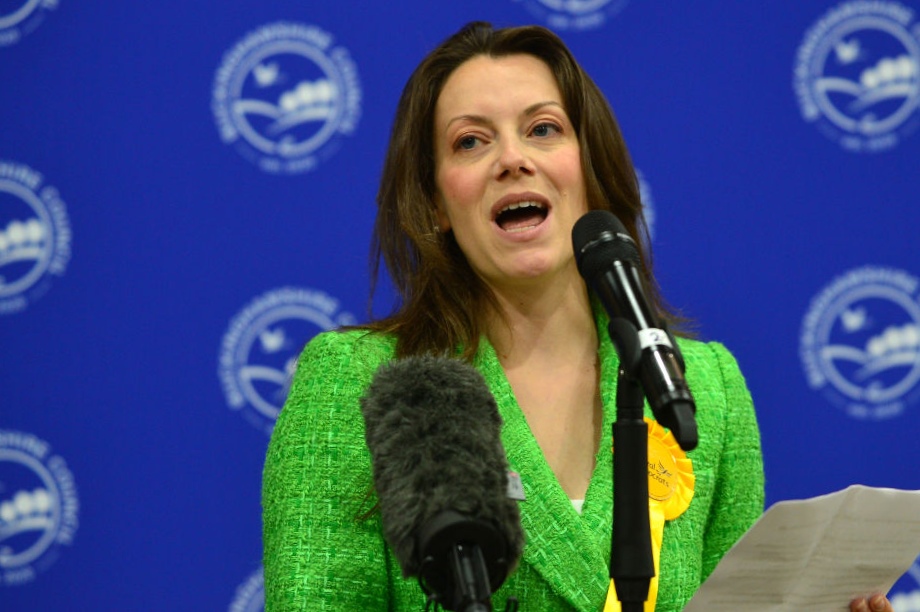 The LibDem candidate Sarah Green giving a victory speech last might - image: Getty