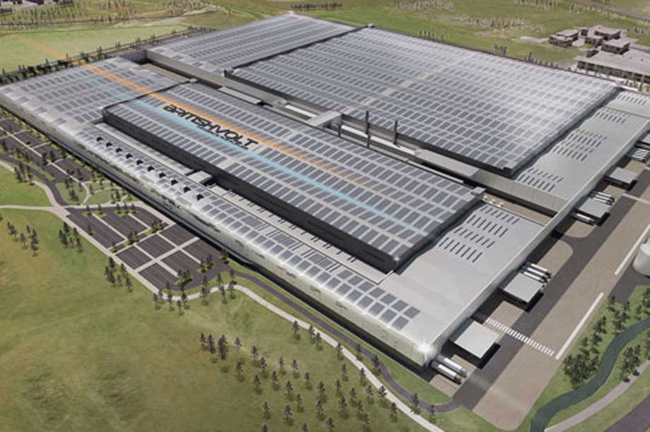 Impression of the Gigaplant Northumberland battery manufacturing plant approved for the Blyth Power Station site. Credit: Britishvolt